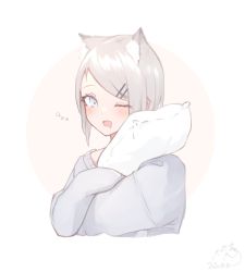 Rule 34 | 1girl, animal ear fluff, animal ears, blue eyes, blush, brown background, commentary, cropped torso, dated, drooling, fang, grey hair, grey sweater, hair ornament, hairclip, highres, long sleeves, mayogii, hugging object, one eye closed, open mouth, original, pillow, pillow hug, saliva, short hair, signature, sleepy, solo, sweater, two-tone background, upper body, wavy mouth, white background