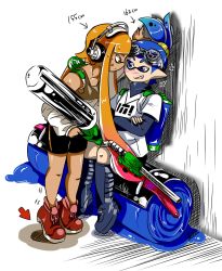 Rule 34 | 1boy, 1girl, against wall, anger vein, artist name, bike shorts, blue hair, blush, boots, crossed arms, dark skin, donut (zoza), e-liter 3k (splatoon), full body, goggles, goggles on head, grin, gun, headphones, height conscious, height difference, highres, holding, holding weapon, ink tank, ink tank (splatoon), inkling, inkling boy, inkling girl, inkling player character, knee boots, layered clothes, layered sleeves, leaning back, leaning forward, long hair, long sleeves, nintendo, off shoulder, orange hair, oversized object, paint roller, paint splatter, pointy ears, pudding (zoza), rifle, shirt, shoes, short hair, short over long sleeves, short sleeves, shorts, signature, sitting, smile, sneakers, sniper rifle, splatoon (series), splatoon 1, standing, sweatdrop, tank top, tentacle hair, tiptoes, topknot, trembling, weapon, white background, zoza