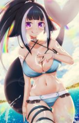 Rule 34 | 1girl, :p, absurdres, arm tattoo, bikini, black hair, blue bikini, blue nails, blush, breasts, cetacean tail, chest tattoo, choker, cleavage, commentary, english commentary, eyes visible through hair, facial tattoo, fins, fish tail, halterneck, high ponytail, highres, indie virtual youtuber, large breasts, leg tattoo, long hair, looking at viewer, multicolored hair, nail polish, navel, ocean, orca girl, peach-cup, ponytail, rainbow, shylily, stomach, streaked hair, swimsuit, tail, tattoo, thigh strap, thighs, tongue, tongue out, v, virtual youtuber, water, white choker, white hair