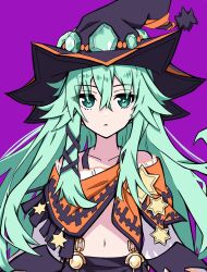 Rule 34 | 1girl, closed mouth, collarbone, date a live, gem, green eyes, green gemstone, green hair, hair between eyes, hat, highres, long hair, natsumi (date a live), navel, purple background, solo, upper body, witch, witch hat, yanagishido