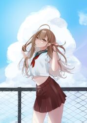 Rule 34 | 1girl, ahoge, blue sky, brown eyes, brown hair, brown skirt, bungo nosuke, chain-link fence, cloud, day, earrings, fence, food-themed earrings, hand in own hair, highres, holocouncil, hololive, hololive english, jewelry, long hair, looking at viewer, midriff, nanashi mumei, navel, neckerchief, outdoors, pleated skirt, red neckerchief, rooftop, sailor collar, school, school uniform, serafuku, shirt, skirt, sky, smile, solo, thighs, virtual youtuber