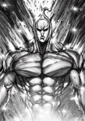 Rule 34 | 1boy, abs, artist name, black sperm, closed mouth, commentary, english commentary, frown, greyscale, highres, looking at viewer, male focus, monochrome, muscular, one-punch man, solo, the golden smurf, veins