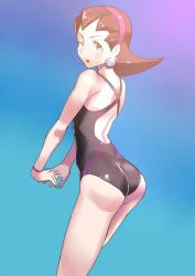 Rule 34 | 1girl, ass, blue background, blush, bracelet, brown hair, capcom, cowboy shot, earrings, green eyes, hairband, jewelry, legs together, looking at viewer, looking back, mega man (series), mega man legends (series), one-piece swimsuit, one eye closed, own hands together, simple background, skin tight, solo, source request, standing, stretching, swimsuit, tron bonne (mega man), ukimukai