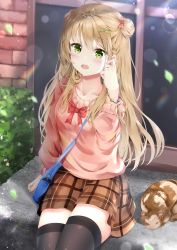 Rule 34 | 1girl, :d, ahoge, aizawa (aizawatsu), animal, bag, black thighhighs, blush, bow, bracelet, brick wall, brown hair, brown skirt, bush, cat, collarbone, commentary, cowboy shot, day, double bun, girls&#039; frontline, green eyes, green nails, hair bow, hair bun, hair ornament, hairclip, hand up, highres, jewelry, leaf, long hair, long sleeves, looking at viewer, miniskirt, nail polish, open mouth, outdoors, pink bow, pink sweater, plaid, plaid skirt, red bow, rfb (girls&#039; frontline), ring, shoulder bag, sitting, skirt, smile, solo, sunlight, sweater, thighhighs