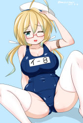 Rule 34 | 1girl, ahoge, blonde hair, blue background, blue one-piece swimsuit, breasts, cowboy shot, dated, glasses, green eyes, hat, i-8 (kancolle), kantai collection, large breasts, low twintails, masara (chuujou), name tag, one-hour drawing challenge, one-piece swimsuit, one eye closed, peaked cap, red-framed eyewear, sailor hat, school swimsuit, semi-rimless eyewear, solo, spread legs, swimsuit, thighhighs, twintails, twitter username, under-rim eyewear, white thighhighs