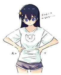 Rule 34 | 1girl, animal print, bear print, black hair, black shorts, blue eyes, blush, closed mouth, cowboy shot, cropped legs, hair between eyes, hair ornament, hands on own stomach, hands up, highres, kagura hikari, long hair, looking at self, looking down, pix3dayo, print shirt, shirt, short sleeves, shorts, shoujo kageki revue starlight, simple background, solo, sparkle hair ornament, standing, translation request, white background, white shirt