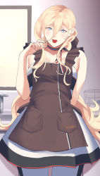 Rule 34 | 1girl, apron, aqua eyes, blonde hair, breasts, brown apron, candy, chocolate, dress, food, frilled apron, frills, hair between eyes, highres, kantai collection, long hair, looking at viewer, mole, mole under eye, mole under mouth, mouth hold, pantyhose, richelieu (kancolle), shingyou (alexander-13), sink, solo, strapless, strapless dress, valentine, very long hair, white dress