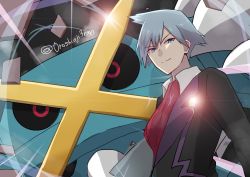 Rule 34 | 0roshioji3ran, 1boy, absurdres, bad id, bad twitter id, black jacket, blue eyes, closed mouth, collared shirt, commentary request, creatures (company), game freak, gen 3 pokemon, glowing, grey hair, highres, jacket, looking at viewer, male focus, mega metagross, mega pokemon, metagross, necktie, nintendo, pokemon, pokemon (creature), pokemon oras, red necktie, shirt, short hair, smile, split mouth, steven stone, twitter username, upper body, white shirt