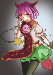 Rule 34 | 1girl, absurdres, ball and chain (weapon), ball and chain restraint, chain, fingernails, floating clothes, flower, green skirt, highres, horns, ibaraki douji&#039;s arm, nail polish, pantyhose, pink flower, pink rose, purple eyes, purple hair, purple nails, red horns, red ribbon, ribbon, ribbon-trimmed skirt, ribbon trim, rose, sancking (fatekl), sharp fingernails, shirt, short hair, simple background, sketch, skirt, slit pupils, solo, spoilers, tabard, touhou, white shirt, wild and horned hermit, wrist guards