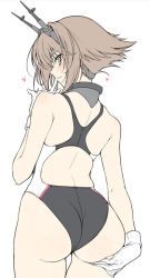 Rule 34 | 1girl, ass, ass grab, black one-piece swimsuit, blush, brown hair, collar, competition swimsuit, finger to mouth, flipped hair, from behind, gloves, green eyes, grin, halcon, hand on own ass, headgear, heart, kantai collection, looking at viewer, looking back, metal collar, mutsu (kancolle), one-piece swimsuit, short hair, simple background, skindentation, smile, solo, swimsuit, two-tone swimsuit, upper body, white background, white gloves, white one-piece swimsuit, unfinished