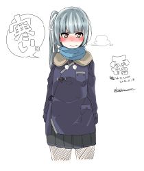 Rule 34 | 10s, 1girl, absurdres, blush, brown eyes, character name, commentary request, grey hair, highres, jacket, kantai collection, kasumi (kancolle), kirishina (raindrop-050928), long hair, nose blush, pleated skirt, pom pom (clothes), scarf, side ponytail, simple background, skirt, solo, translation request, twitter username, white background