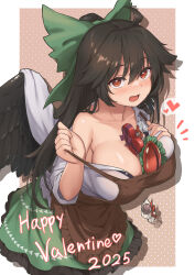 1girl 2025 absurdres apron between_breasts black_hair black_wings blush border bow box box_of_chocolates breasts brown_apron collarbone commentary_request cowboy_shot flying_sweatdrops frilled_skirt frills green_bow green_skirt hair_between_eyes hair_bow hand_on_own_chest happy_valentine heart highres large_breasts long_hair looking_at_viewer open_mouth outside_border red_eyes reiuji_utsuho shiratsuki_shiori shirt skirt solo sweatdrop third_eye touhou white_border white_shirt wings