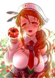 Rule 34 | 10s, 1girl, arm behind back, bare shoulders, blush, breasts, brown eyes, brown hair, corset, detached sleeves, female focus, food, fruit, gradient background, hair between eyes, half-closed eyes, holding, holding food, holding fruit, jpeg artifacts, kantai collection, large breasts, littorio (kancolle), long hair, looking at viewer, necktie, open mouth, ponytail, shirt, sleeveless, sleeveless shirt, smile, solo, sumeragi hamao, tomato, upper body, wavy hair