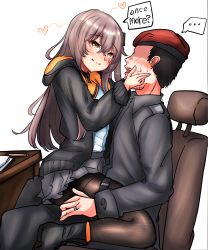Rule 34 | ..., 1boy, 1girl, absurdres, after kiss, beret, black footwear, black hair, black jacket, black pants, black shirt, black skirt, blush, brown hair, brown pantyhose, chair, collared shirt, commander (girls&#039; frontline), commentary, english commentary, english text, facial hair, girls&#039; frontline, hand on another&#039;s face, hat, heart, highres, jacket, jewelry, lipstick mark, long hair, office chair, one side up, pants, pantyhose, paper, pen, peroronti, ring, saliva, saliva trail, scar, scar across eye, shaded face, shirt, simple background, sitting, sitting on person, skirt, speech bubble, strap, stubble, sweatdrop, swivel chair, table, ump45 (girls&#039; frontline), white shirt, yellow eyes