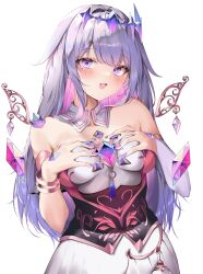 Rule 34 | 1girl, absurdres, bare shoulders, blue brooch, blush, breasts, breasts apart, bridal gauntlets, chest jewel, colored inner hair, cowboy shot, crown, crystal, detached collar, dress, gem hair ornament, grabbing own breast, gradient hair, grey hair, highres, hololive, hololive english, jewelry, kohika, koseki bijou, koseki bijou (1st costume), long hair, looking at viewer, medium breasts, metal wings, multicolored hair, open mouth, pink hair, purple eyes, purple nails, simple background, single bridal gauntlet, smile, solo, virtual youtuber, white background, white bridal gauntlets, white dress