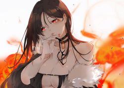 Rule 34 | 1girl, bare shoulders, black-framed eyewear, black choker, breasts, brown hair, choker, cleavage, closed mouth, commentary request, yu mei-ren (fate), ear piercing, expressionless, unworn eyewear, fate/grand order, fate (series), fire, fur trim, glasses, holding, holding removed eyewear, large breasts, long hair, looking at viewer, nail polish, neko (ganecooo), piercing, red eyes, red nails, ribbon trim, simple background, solo, upper body, white background