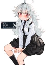 Rule 34 | 1girl, ahoge, between legs, black necktie, black skirt, black socks, blush, closed mouth, collared shirt, hand between legs, highres, invisible chair, long hair, looking at viewer, luicent, necktie, original, pink eyes, shirt, simple background, sitting, skirt, socks, solo, suspender skirt, suspenders, white background, white hair, white shirt, wing collar