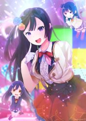 Rule 34 | 3girls, afterschool school idol (love live!), black hair, blazer, blue hair, blush, bow, bowtie, chase (love live!), chibi, commentary request, feather hair ornament, feathers, flower, gloves, hair between eyes, hair bun, hair flower, hair ornament, highres, in-franchise crossover, jacket, long hair, long sleeves, looking at viewer, love live!, love live! nijigasaki high school idol club, love live! school idol project, multiple girls, neckerchief, one side up, open mouth, otonokizaka school uniform, pleated skirt, red neckwear, school uniform, side bun, single hair bun, single side bun, skirt, smile, sonoda umi, striped bow, striped bowtie, striped clothes, striped neckwear, tsushima yoshiko, uranohoshi school uniform, white gloves, yellow eyes, yellow neckwear, yuuki setsuna (love live!)