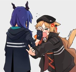 Rule 34 | &gt; &lt;, 2girls, anger vein, animal ears, arknights, artist name, beret, black gloves, black headwear, black jacket, black shirt, blue hair, ch&#039;en (arknights), cowboy shot, dragon horns, earpiece, fingerless gloves, gloves, grey background, hand on another&#039;s face, hat, hood, hood down, hooded jacket, horns, jacket, kibashiba, long hair, low twintails, multiple girls, open clothes, open jacket, open mouth, orange hair, pushing away, reaching, reaching towards viewer, shirt, simple background, sweatdrop, swire (arknights), tail, tail raised, tiger ears, tiger girl, tiger tail, twintails, v-shaped eyebrows, wavy hair