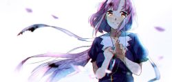 Rule 34 | 10s, 1girl, ahoge, cross, gakkou gurashi!, gradient background, jewelry, long hair, necklace, outstretched hand, petals, pink hair, ribbon, sakura megumi, simple background, smile, solo, tears, unko (50d0d0), white background