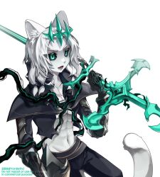 Rule 34 | 1boy, animal ears, black jacket, black pants, black sclera, cat boy, cat tail, collarbone, colored sclera, colored skin, crown, fang, green eyes, grey hair, groin, hand up, highres, holding, holding sword, holding weapon, jacket, kemonomimi mode, league of legends, male focus, medium hair, navel, open clothes, open jacket, pants, simple background, skinny, solo, sword, tail, teeth, viego (league of legends), watermark, weapon, white skin, yodeulsong (yordlethd)