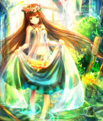 Rule 34 | 1girl, bare shoulders, barefoot, breasts, brown hair, cleavage, clothes lift, colorful, dress, dress lift, flower, green eyes, head wreath, long hair, looking at viewer, original, ripples, sakura ani, skirt hold, smile, solo, sundress, very long hair, water