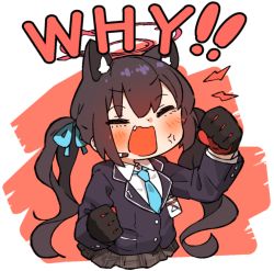 Rule 34 | 1girl, amonitto, anger vein, animal ears, aqua necktie, black hair, blue archive, blush, cat ears, clenched hands, english text, fang, gloves, hair ornament, hair ribbon, halo, headset, id card, jacket, long hair, long sleeves, necktie, open mouth, plaid, plaid skirt, ribbon, serika (blue archive), simple background, skirt, solo, twintails, two-tone background, upper body