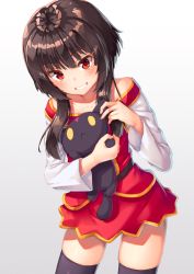 Rule 34 | 1girl, black thighhighs, blush, brown hair, cat, chomusuke, closed mouth, collarbone, commentary request, cowboy shot, frown, gradient background, grin, hug, kono subarashii sekai ni shukufuku wo!, leaning forward, leaning to the side, looking at viewer, megumin, pensuke, red eyes, red shirt, red skirt, shirt, short hair with long locks, silhouette, skirt, smile, thighhighs