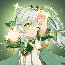 Rule 34 | 1girl, :o, armpits, blush, bracelet, cape, commentary request, dated, dress, english text, eyelashes, finger frame, genshin impact, gold trim, green background, green cape, green eyes, green hair, green sleeves, hair between eyes, hair ornament, hands up, highres, jewelry, leaf hair ornament, long hair, looking at viewer, multicolored hair, nahida (genshin impact), natsumi 927, one eye closed, parted lips, pointy ears, sleeveless, sleeveless dress, solo, star-shaped pupils, star (symbol), striped hair, symbol-shaped pupils, two-tone hair, upper body, white dress, white hair