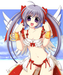 Rule 34 | 1girl, bikini, cloud, day, fang, kawai maria, long hair, purple eyes, purple hair, ragnarok online, sky, smile, solo, swimsuit, twintails, wanderer (ragnarok online), wings