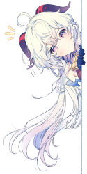 Rule 34 | 1girl, ahoge, bell, black gloves, blue hair, blush, closed mouth, commentary, cowbell, detached sleeves, eyelashes, ganyu (genshin impact), genshin impact, gloves, goat horns, hair between eyes, highres, horns, light blue hair, long hair, looking at viewer, neck bell, notice lines, peeking out, purple eyes, rumi (rarumi11), simple background, solo, wall, white background