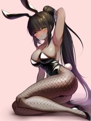 Rule 34 | 1girl, absurdres, animal ears, arm up, armpits, ass, black footwear, black hair, black leotard, blue archive, blush, breasts, cleavage, closed mouth, commentary request, curvy, dark-skinned female, dark skin, fake animal ears, fishnet pantyhose, fishnets, full body, gradient hair, high heels, highleg, highleg leotard, highres, huge ass, karin (blue archive), karin (bunny) (blue archive), large breasts, leotard, long hair, looking at viewer, multicolored hair, official alternate costume, pantyhose, playboy bunny, ponytail, purple hair, rabbit ears, rabbit tail, sbgu, simple background, solo, strapless, strapless leotard, tail, thong leotard, very long hair, wide hips, yellow eyes