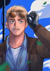 Rule 34 | 1boy, aviator sunglasses, bara, beard stubble, black gloves, blonde hair, blue shirt, blue sky, blush, brown jacket, david king (dead by daylight), dead by daylight, facial hair, falling leaves, felix richter, gloves, highres, jacket, leaf, looking ahead, male focus, mustache, open clothes, open jacket, open mouth, shirt, short hair, sky, solo, stubble, sunglasses, sweat, thick mustache, upper body, wasted m9, white shirt