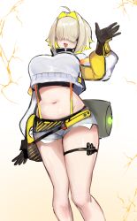 Rule 34 | 1girl, absurdres, ahoge, black gloves, blonde hair, cropped jacket, elegg (nikke), gloves, goddess of victory: nikke, guaiava1, hair intakes, hair over eyes, highres, jacket, long bangs, long sleeves, looking at viewer, navel, open mouth, short shorts, shorts, smile, solo, standing, thigh strap, waving, white jacket, white shorts