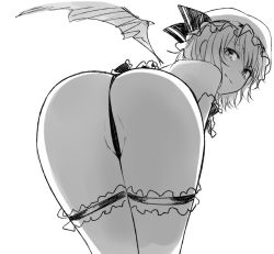 Rule 34 | 1girl, ass, ass focus, bat wings, bent over, bridal garter, commentary, from behind, greyscale, hat, light smile, looking at viewer, looking back, miyo (ranthath), mob cap, monochrome, panties, remilia scarlet, short hair, simple background, sketch, solo, string panties, touhou, underwear, white background, wings