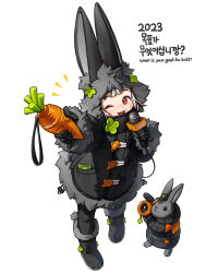 Rule 34 | 1girl, 2023, animal ears, black coat, black footwear, boots, carrot, chinese zodiac, coat, english text, fur trim, highres, holding, microphone, one eye closed, original, rabbit ears, red eyes, rinotuna, simple background, white background, year of the rabbit