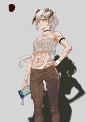 Rule 34 | 1girl, abs, absurdres, alternate hairstyle, arknights, arm strap, bare arms, bare shoulders, black choker, black pants, breasts, chinese commentary, choker, cleavage, commentary request, criss-cross halter, crop top, crop top overhang, drop shadow, earrings, feet out of frame, grey background, halterneck, highres, holding, horns, jewelry, leggings, long hair, looking at viewer, medium breasts, midriff, navel, orange eyes, panties, pants, parted lips, ponytail, saria (arknights), shanqiuyibo, silver hair, simple background, solo, standing, stomach, underwear, white panties