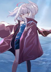Rule 34 | 1girl, absurdres, ahoge, blue camisole, blue shorts, blush, camisole, flat chest, floating hair, grey hair, highres, jacket, looking at viewer, makaino ririmu, medium hair, nijisanji, open clothes, open jacket, parted lips, pointy ears, red eyes, red jacket, shorts, solo, standing, utsusumi kio, virtual youtuber, wind, winds