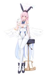 Rule 34 | 1girl, :d, absurdres, alternate costume, angel wings, animal ears, arm support, bar stool, bare shoulders, black footwear, blue archive, blue bow, blue bowtie, blunt bangs, bow, bowtie, breasts, brown eyes, cleavage, collarbone, commentary request, daran9, detached collar, detached sleeves, fake animal ears, feathered wings, gloves, hair ornament, hair scrunchie, hairband, halo, high heels, highleg, highleg leotard, highres, large breasts, leotard, long hair, looking at viewer, mika (blue archive), official alternate hairstyle, open mouth, pantyhose, parted lips, pink hair, playboy bunny, ponytail, rabbit ears, scrunchie, short sleeves, sidelocks, simple background, sitting, smile, solo, stool, strapless, strapless leotard, v, white background, white gloves, white leotard, white pantyhose, white wings, wings
