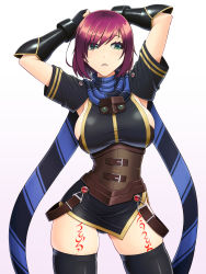 Rule 34 | 1girl, abu, armpit cutout, arms up, breasts, clothing cutout, cowboy shot, green eyes, highres, large breasts, leg tattoo, looking to the side, nel zelpher, red hair, scarf, short hair, sideboob, skindentation, solo, standing, star ocean, star ocean till the end of time, striped clothes, striped scarf, tattoo, thighhighs