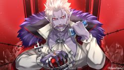 Rule 34 | 1boy, ascot, bara, barbed wire, beard, can, cape, collarbone, collared shirt, colored skin, crown, facial hair, fur-trimmed cape, fur trim, gilzaren iii, glint, hand up, hige kariudoshachi, holding, holding can, king (vocaloid), large pectorals, looking at viewer, male focus, muscular, muscular male, nijisanji, open clothes, open shirt, pectoral cleavage, pectorals, pointy ears, purple skin, red cape, red eyes, shirt, smile, solo, thick eyebrows, twitter username, upper body, v-shaped eyebrows, virtual youtuber, vocaloid, white ascot, white hair, white shirt