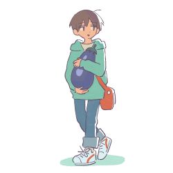Rule 34 | 1boy, aqua hoodie, bag, blue eyes, brown hair, commentary, cowlick, denim, eggplant, full body, highres, holding, holding plant, jeans, long sleeves, looking to the side, male focus, muji (uimss), original, oversized food, oversized object, pants, parted lips, plant, shoes, short hair, shoulder bag, simple background, sneakers, solo, white background, white footwear