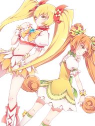 Rule 34 | 10s, 2girls, anthiea, back-to-back, bad id, bad pixiv id, blonde hair, boots, bow, brooch, color connection, cure rosetta, cure sunshine, dokidoki! precure, heart, heart brooch, heartcatch precure!, highres, jewelry, knee boots, looking back, midriff, multiple girls, myoudouin itsuki, navel, orange bow, orange hair, precure, simple background, twintails, weapon, white background, yellow bow, yellow eyes, yotsuba alice