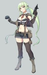 Rule 34 | 1girl, alternate hairstyle, armpits, belt, black gloves, black shorts, black thighhighs, boots, breasts, brown vest, capelet, cleavage, closed mouth, crop top, detached collar, earphones, elbow gloves, full body, girls&#039; frontline, gloves, green eyes, green hair, grey background, grey footwear, gun, hand up, hat, high heel boots, high heels, highres, holding, holding clothes, holding gun, holding hat, holding weapon, holster, holstered, knee boots, legs apart, long hair, looking at viewer, low twintails, machine pistol, manme, medium breasts, micro uzi (girls&#039; frontline), microphone, midriff, mini hat, navel, necktie, pouch, red necktie, shirt, short shorts, shorts, sidelocks, simple background, sleeveless, smile, solo, spaghetti strap, standing, star (symbol), submachine gun, thigh pouch, thighhighs, trigger discipline, twintails, unworn hat, unworn headwear, uzi, very long hair, vest, wavy hair, weapon, white shirt, wrist cuffs