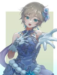 Rule 34 | 1girl, :d, anastasia (idolmaster), bare shoulders, blue dress, blue eyes, blue flower, blue gloves, commentary request, dress, earrings, flower, gloves, grey hair, hair flower, hair ornament, highres, idolmaster, idolmaster cinderella girls, idolmaster cinderella girls starlight stage, jewelry, momohal, open mouth, outstretched hand, revision, short hair, simple background, sleeveless, sleeveless dress, smile, solo, two-tone background, white background