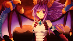 Rule 34 | 1girl, armlet, asc (sfhiro), bare shoulders, black gloves, bodysuit, claws, cloud, dragon girl, dragon horns, dragon wings, dusk, elbow gloves, fins, gloves, head fins, heterochromia, horns, jewelry, long hair, necklace, outdoors, purple eyes, purple hair, puzzle &amp; dragons, red sky, scales, sky, smile, solo, sonia (p&amp;d), wings, yellow eyes