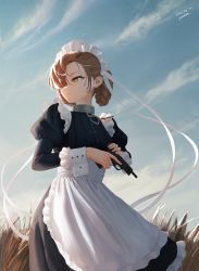 Rule 34 | 1girl, apron, azur lane, black dress, blue sky, breasts, brown hair, chain, closed mouth, collar, dated, day, dress, feet out of frame, frilled dress, frills, grass, gun, hair over one eye, highres, holding, holding gun, holding weapon, juliet sleeves, long sleeves, looking away, looking to the side, maid, maid headdress, medium breasts, orange eyes, outdoors, puffy sleeves, sheffield (azur lane), short hair, signature, sky, sleeve cuffs, solo, standing, trigger discipline, waist apron, weapon, white apron, yatarime
