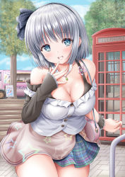 Rule 34 | 1girl, akino irori, alternate breast size, alternate costume, arm up, bag, black bra, blue eyes, blue skirt, blue sky, bob cut, bra, breasts, cleavage, cloud, commentary request, contemporary, contrapposto, cowboy shot, day, detached sleeves, finger to own chin, food truck, hair ribbon, handbag, head tilt, highres, jewelry, konpaku youmu, large breasts, layered skirt, light blush, looking at viewer, necklace, open mouth, outdoors, pendant, phone booth, pink skirt, plaid, plaid skirt, polka dot headwear, ribbon, sett, shirt, short hair, sign, silver hair, single sleeve, skirt, sky, sleeveless, sleeveless shirt, sleeves past wrists, solo, standing, star (symbol), star print, teeth, touhou, tree, underwear, upper teeth only, white shirt, wrist cuffs