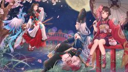 Rule 34 | 3girls, bad id, bad pixiv id, black hair, blue eyes, character request, holding, holding umbrella, in tree, long hair, looking at another, medium hair, multiple girls, onmyoji, ozzingo, parasol, red eyes, short hair, silver hair, sitting, sitting in tree, tree, umbrella