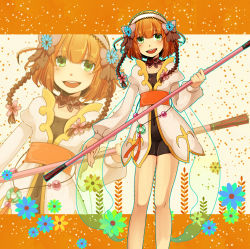Rule 34 | 1girl, bad id, bad pixiv id, bike shorts, bodysuit, bow, braid, brown hair, coat, covered navel, detached collar, flower, green eyes, hair flower, hair ornament, hair ribbon, hairband, jacket, leia rolando, naomi (miette), navel, open mouth, orange background, ribbon, rod, short hair, smile, solo, star (symbol), tales of (series), tales of xillia, twin braids, white jacket, zoom layer